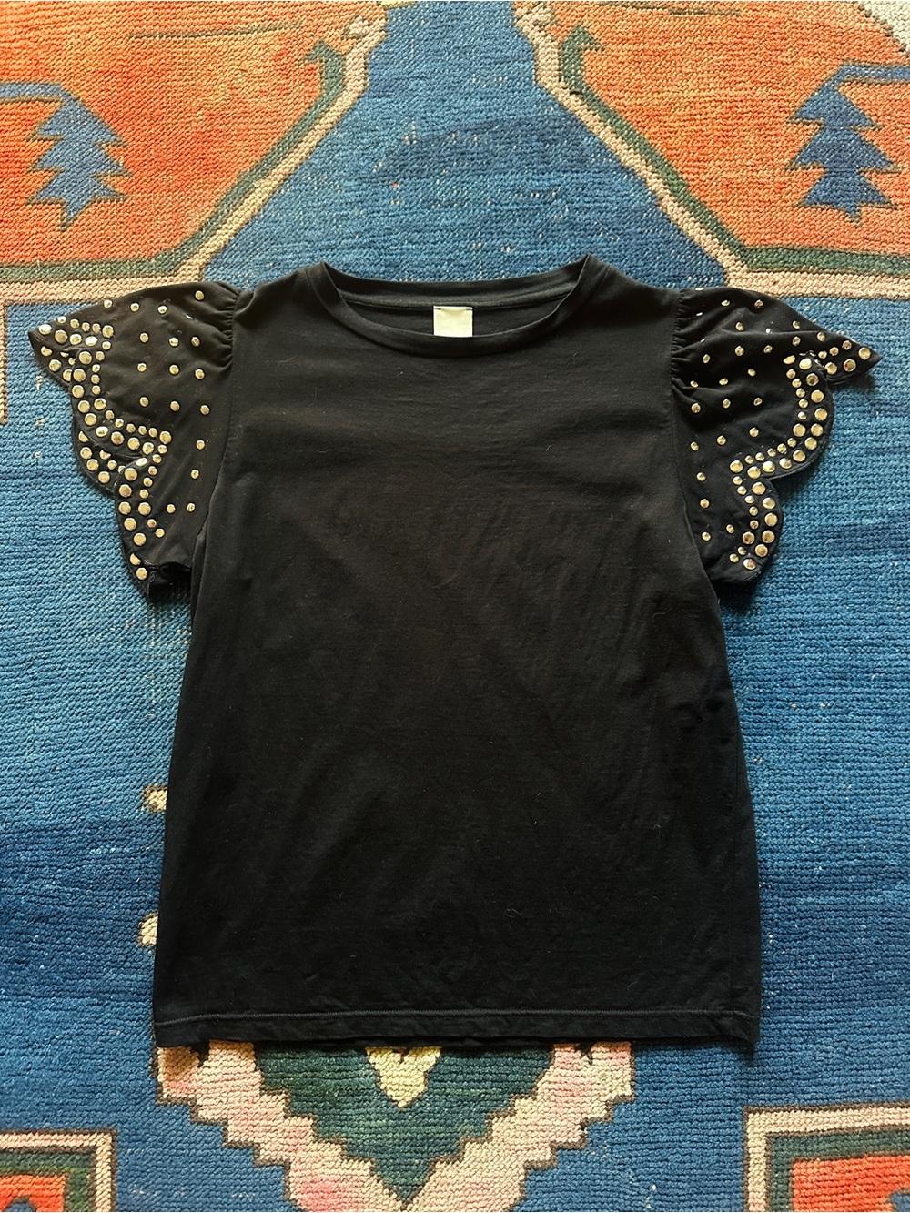 Pinko Black Short-Sleeve Tee with Metal Embellished Puff Sleeves